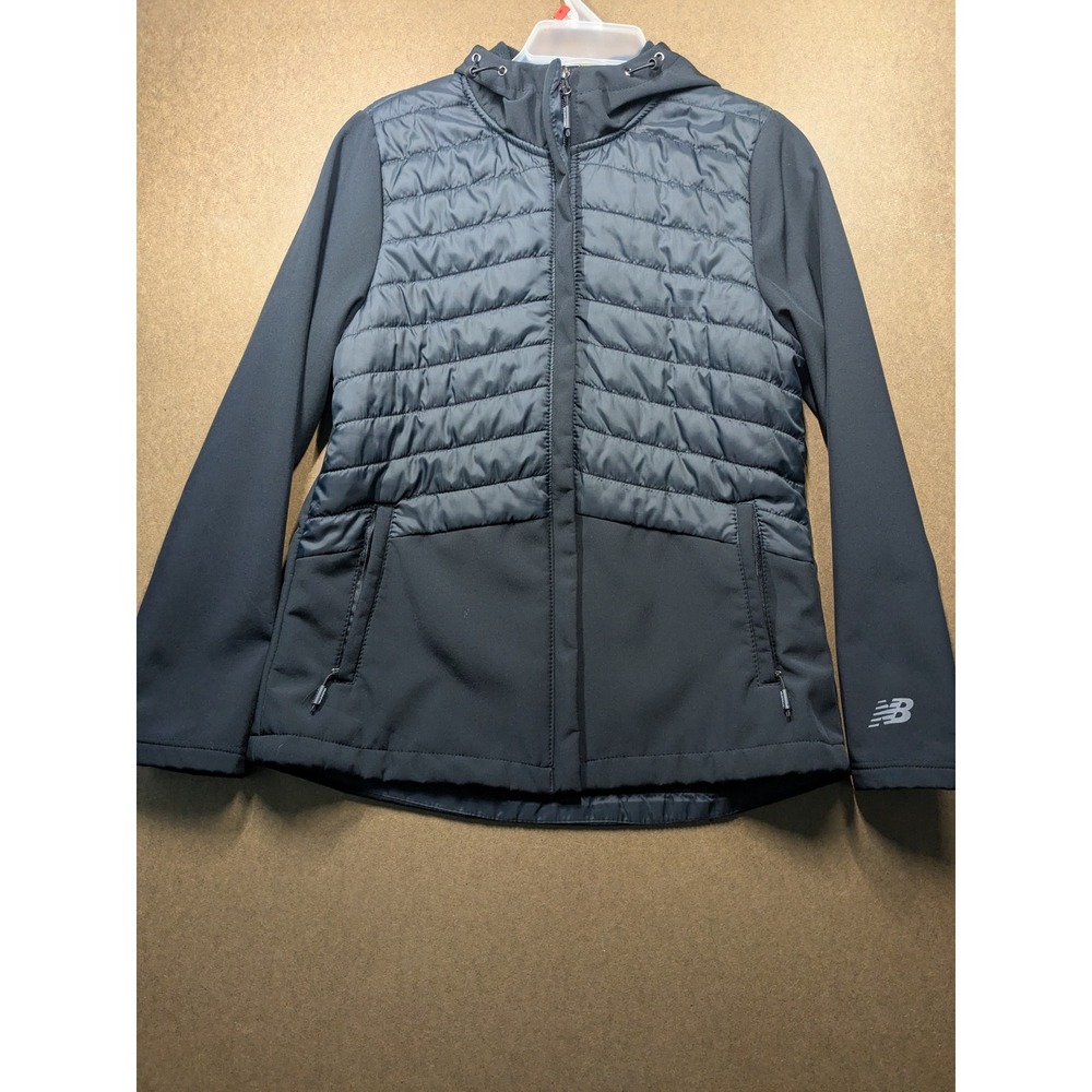 New Balance Womens Hybrid Softshell Puffer Jacket Black Grey Hooded Size M